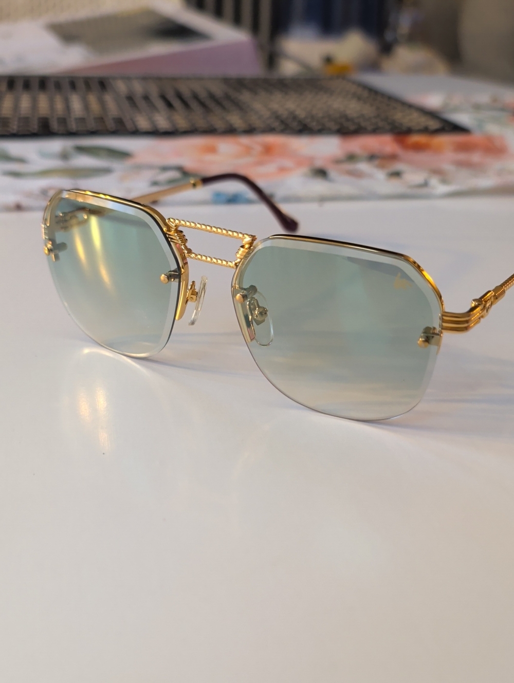 Vintage Frames CEO Bevel 18KT Gold Drill Mount Green Gradient Sunglasses